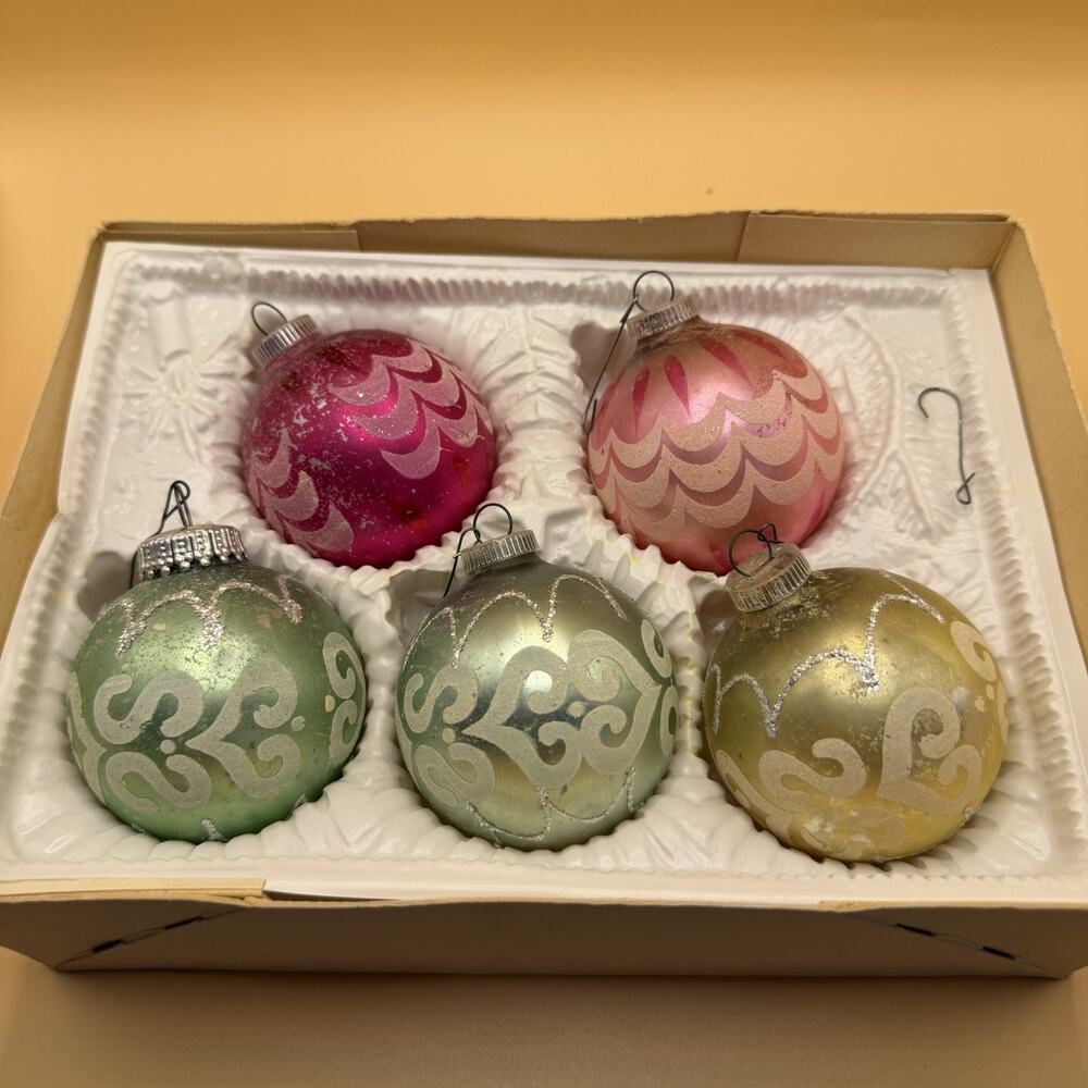 5 Vintage Mercury Glass West Germany Ornaments Glitter Hand Painted